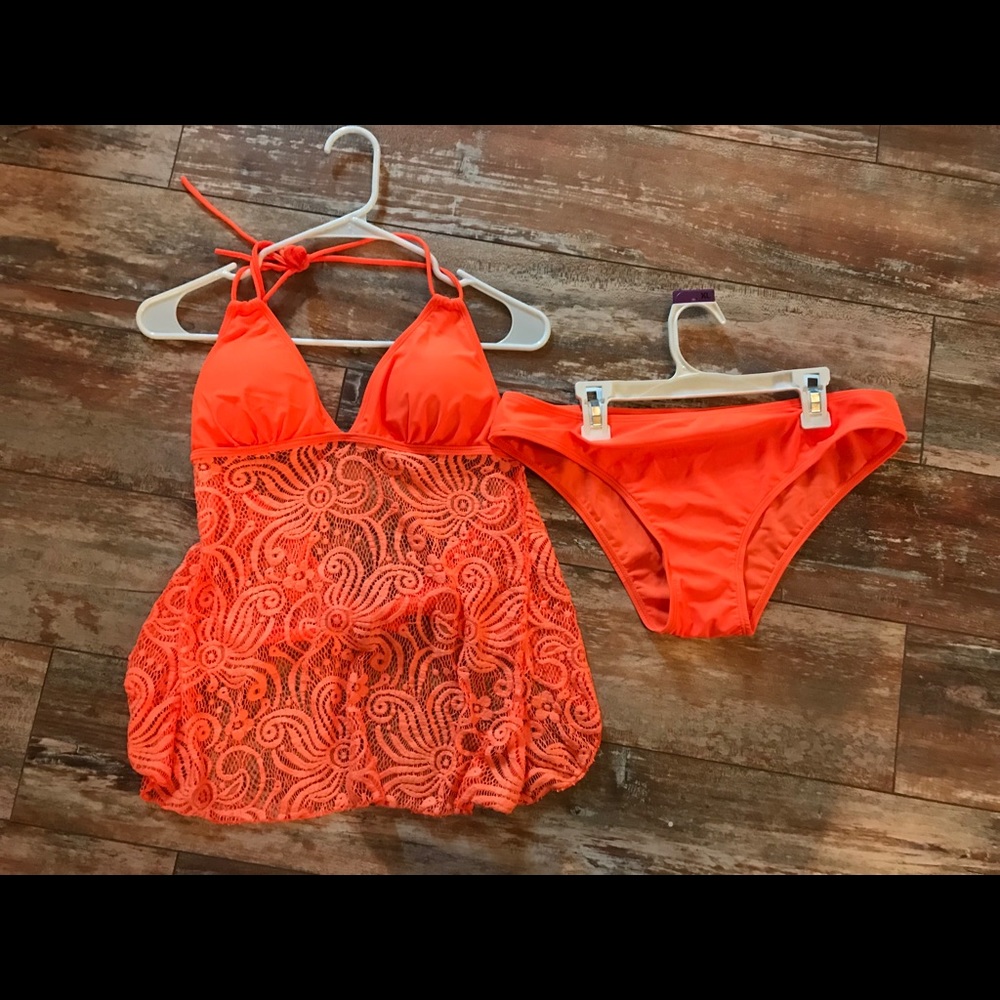 Neon orange lace tankini